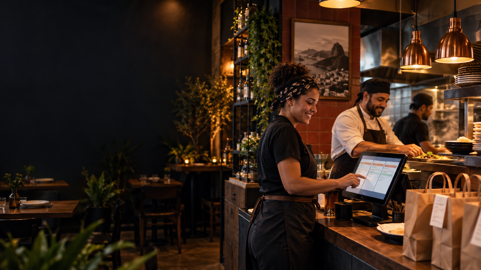 Equipe de restaurante organizando pedidos no balcão